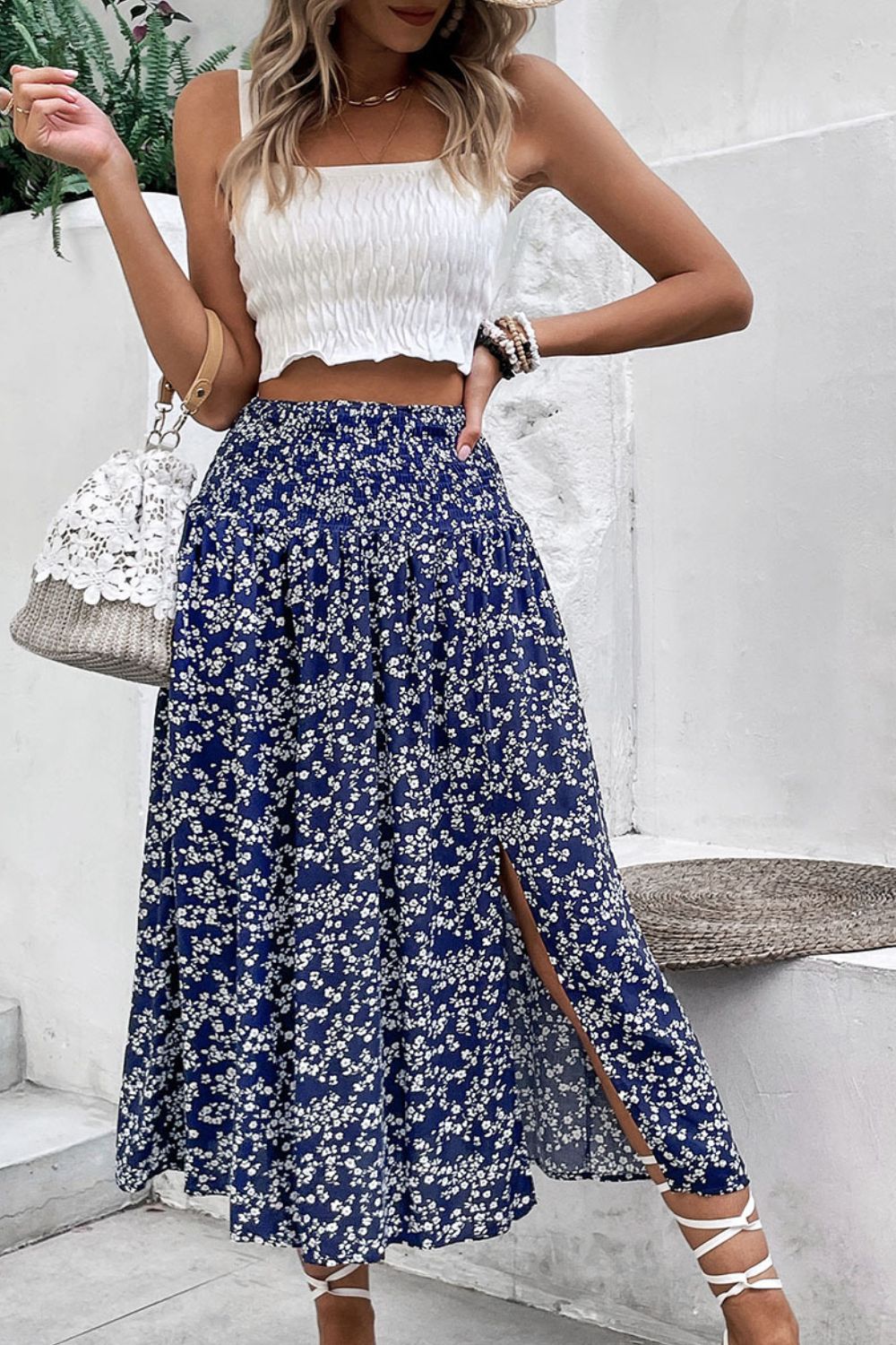 Perfee Ditsy Floral Slit High Waist Skirt